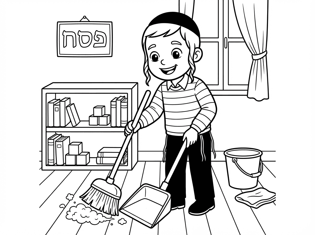 ילד חרדי עם כיפה מנקה את החדר לפסח