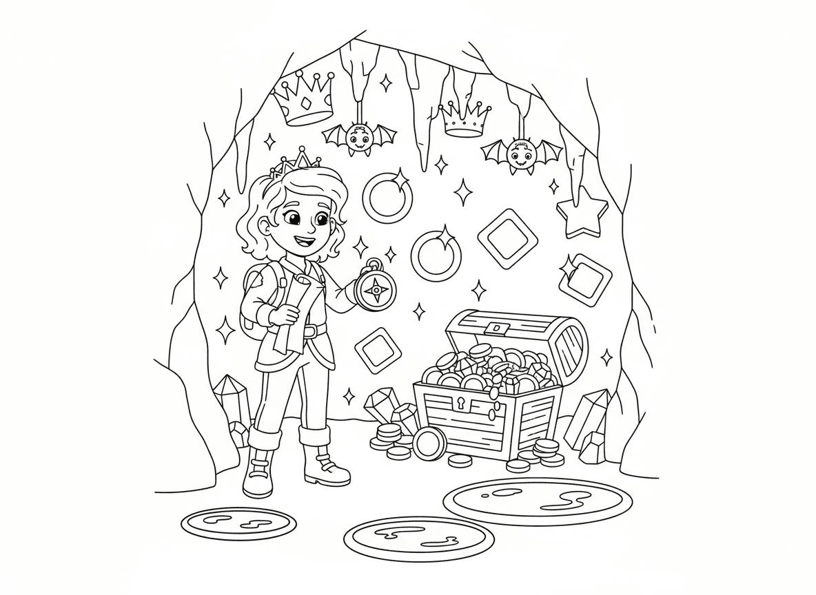 נסיכה חוקרת מגלה מערת אוצרות - נסיכה הרפתקנית עם מפה ומצפן מגלה מערה נוצצת מלאה אבני חן וזהב, נטיפי כתר, בריכות קריסטל, עטלפי מערה ידידותיים, תיבת אוצר גולשת