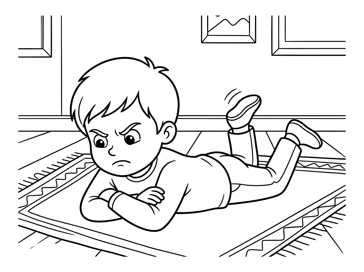 אני רוצה ציור של ילד שוכב על הרצפה וכועס