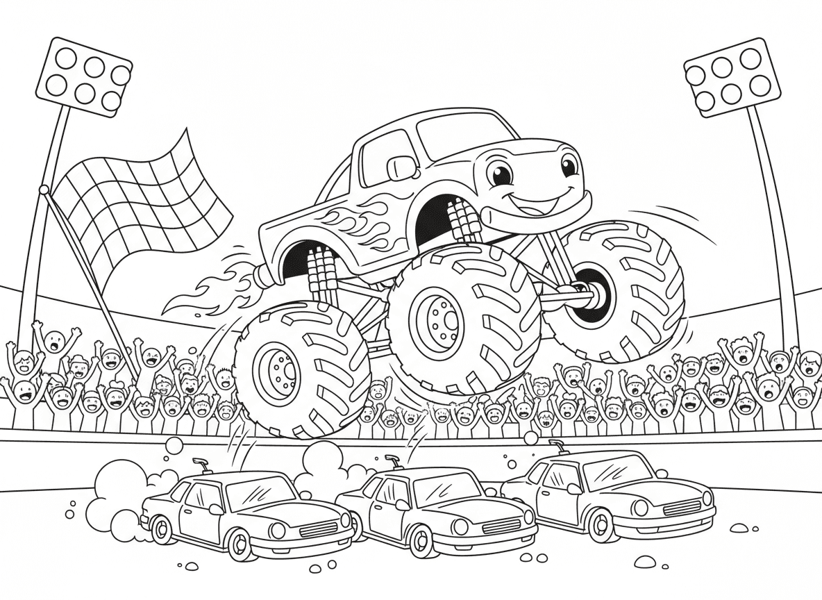 מונסטר טראק קופץ מעל מכוניות - מונסטר טראק ענק עם גלגלים עצומים קופץ מעל שורת מכוניות מעוכות, להבות מהמפלט, קהל נרגש מריע, עפר עף לכל מקום, אורות אצטדיון, דגל משבצות