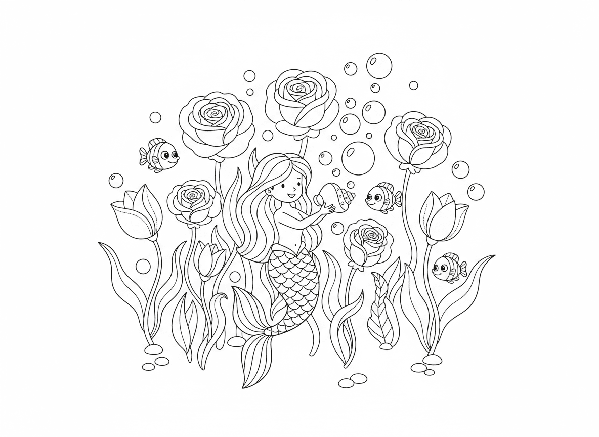 גן פרחים תת-ימי - גן קסום של פרחים שגדלים מתחת למים, שושנות ים כוורדים, אלמוגים כצבעונים, אצות כגבעולים, דגים שוחים בין פרחים, בת ים גננת משקה עם בועות, טיפות טל מפנינים