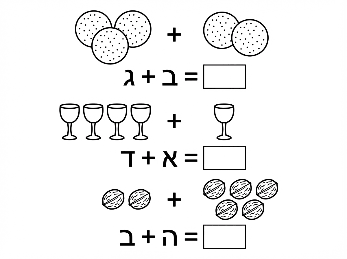 אשמח לדף חשבוני עם מצות עגולות, גביעים, אגוזים 
ולתרגילי חיבור בהתאם לציור.
לילדי גן חובה.תרגילי חיבור עד 7