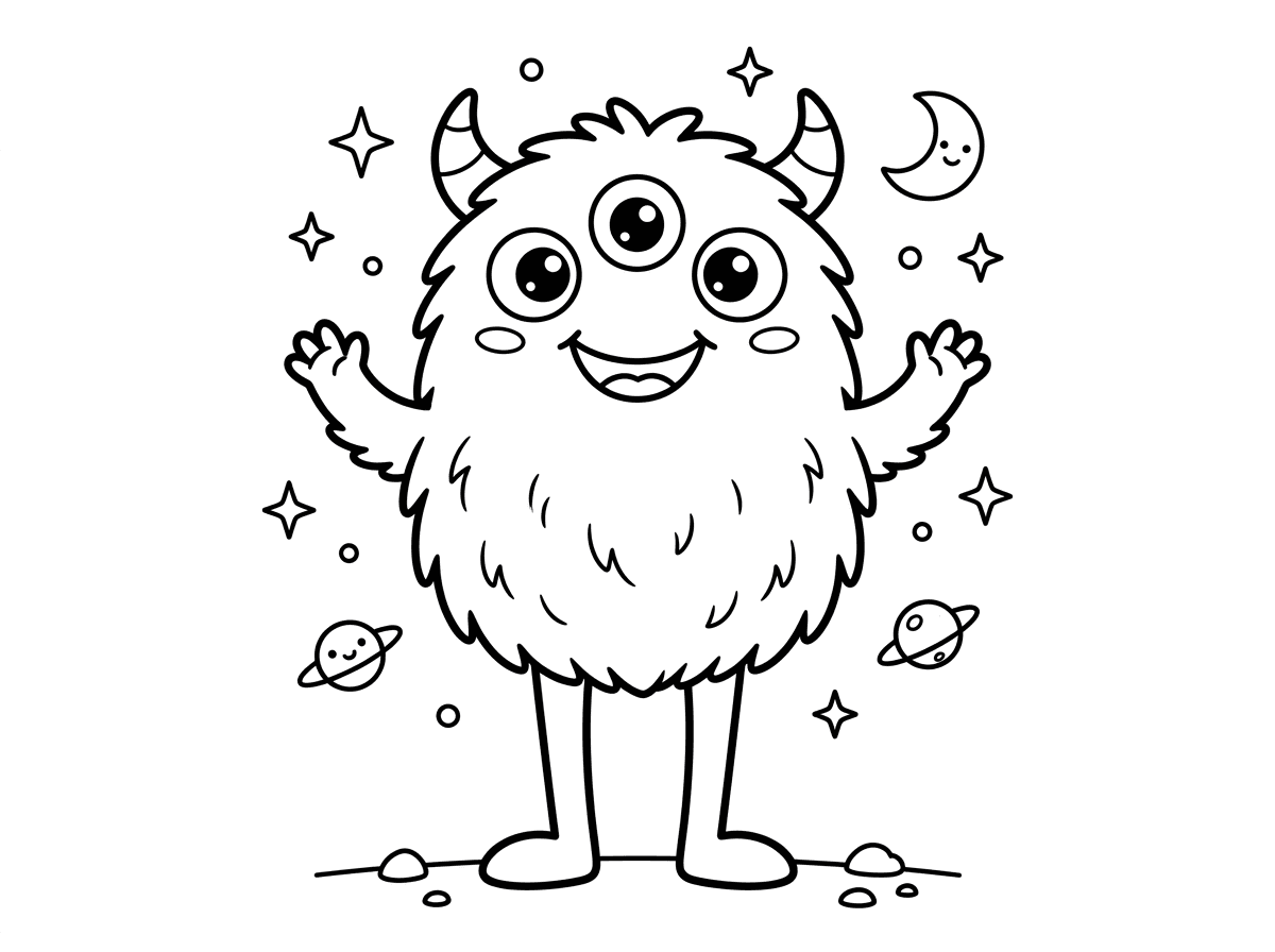 תיצור לי דף צביעה של חייזר חמוד עם שלוש עיניים ושתי קרניים, פרוותי עם רגליים ארוכות