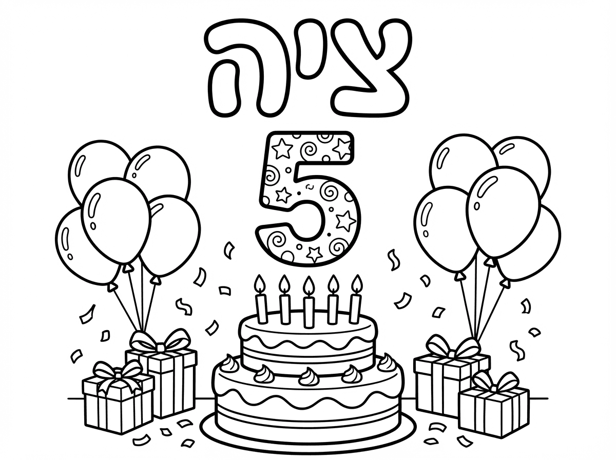 היי אשמח לדף צביעה  עם השם ציה וציורים של יום הולדת 5