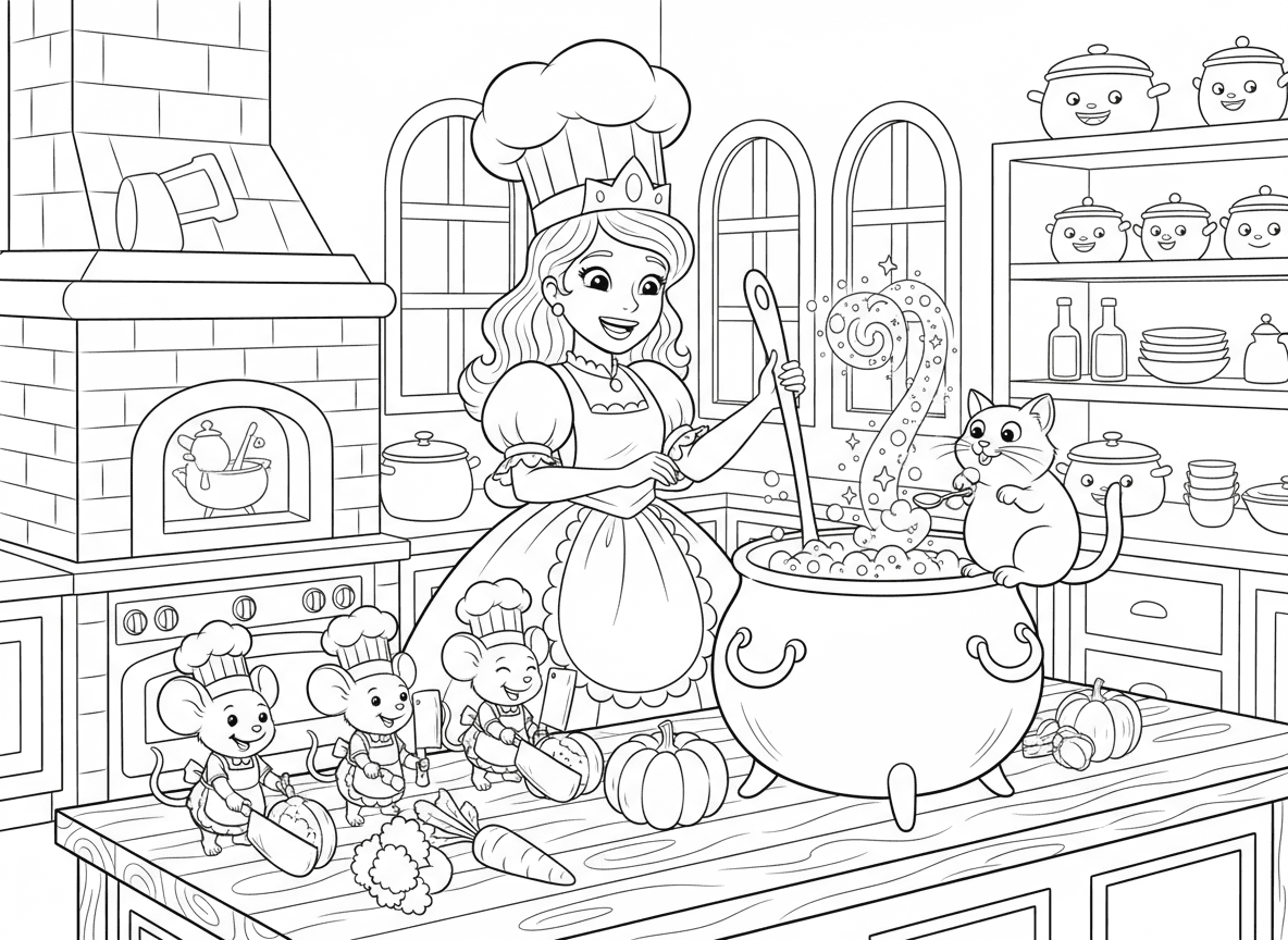 נסיכה שפית מבשלת לכל הממלכה - נסיכה שפית מערבבת סיר ענק במטבח המלכותי, חובשת כובע שף מעל הכתר, כף קסומה, מבשלת מרק נוצץ, עכברים עוזרים לחתוך ירקות, חתול טועם את האוכל