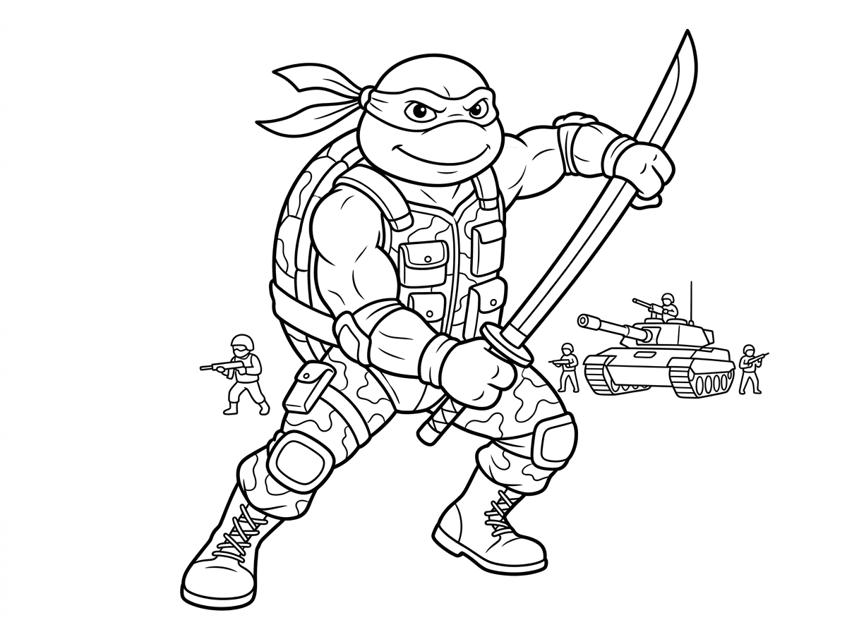 אשמח לדף צביעה של צב נינג׳ה לוחם בצבא