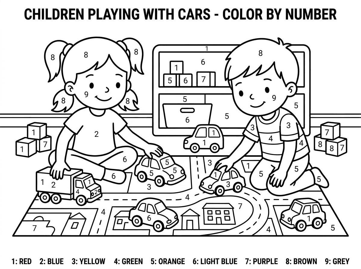 דף צביעה לפי מספר ילדים משחקים עם מכוניות