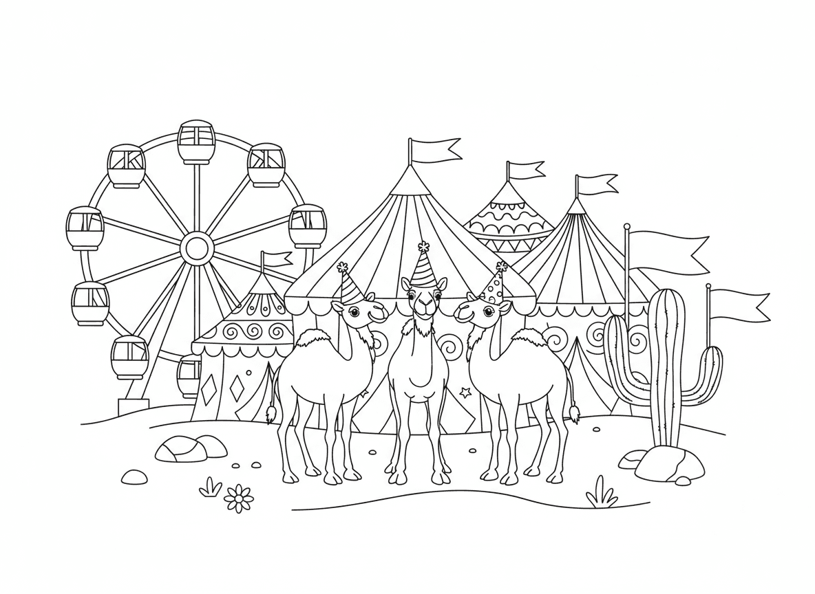 קרנבל במדבר
גמלים עם כובעי מסיבה, אוהלים צבעוניים, גלגל ענק, וקקטוסים שמחזיקים דגלים.