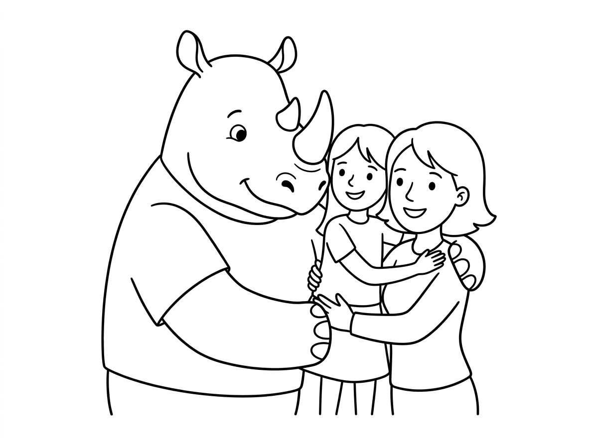 אבא ואמא מחבקים ילדה גדולה ואבא יהיה קרנף.