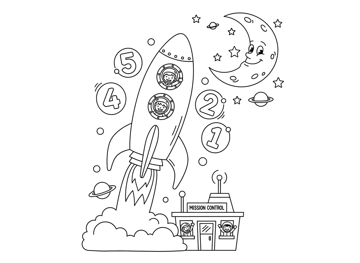 חללית ממריאה לירח - חללית צבעונית ממריאה עם להבות ענקיות, ילדים אסטרונאוטים מנופפים מחלונות, מספרי ספירה לאחור באוויר, ירח עם פרצוף מחייך ממתין, כוכבים וכוכבי לכת, מרכז בקרה למטה