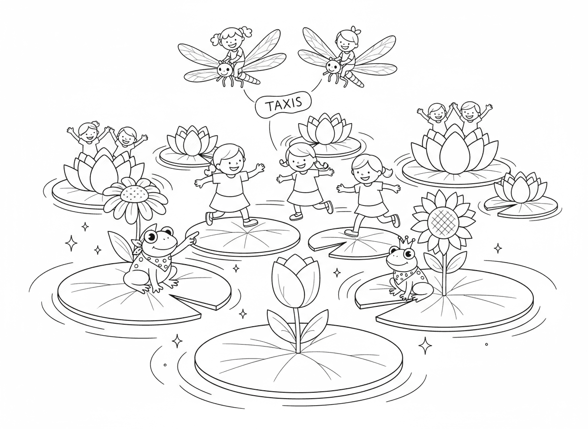 הרפתקת בריכת עלי שושנה ענקיים - ילדים קופצים על עלי שושנה ענקיים בבריכה קסומה, כל עלה עם פרחים שונים, צפרדעים כמדריכים, שפיריות כמוניות, פרחי לוטוס כאיים, מים נוצצים