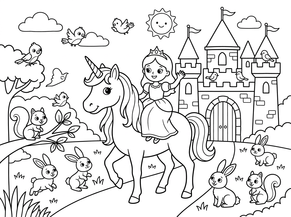 ארמון עם נסיכה צנועה שרוכבת על חד קרן עם הרבה חיות חמודות מסביב לארמון