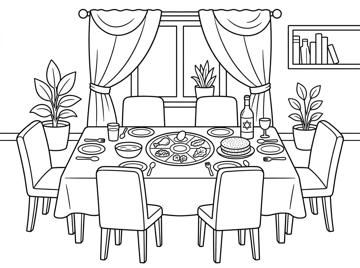צור דף צביעה של שולחן ליל הסדר עם יין ומצות עגולות וחסה, קערה ליל הסדר כיסאות סביב השולחן באמצע סלון עם וילונות מלכותי יפים