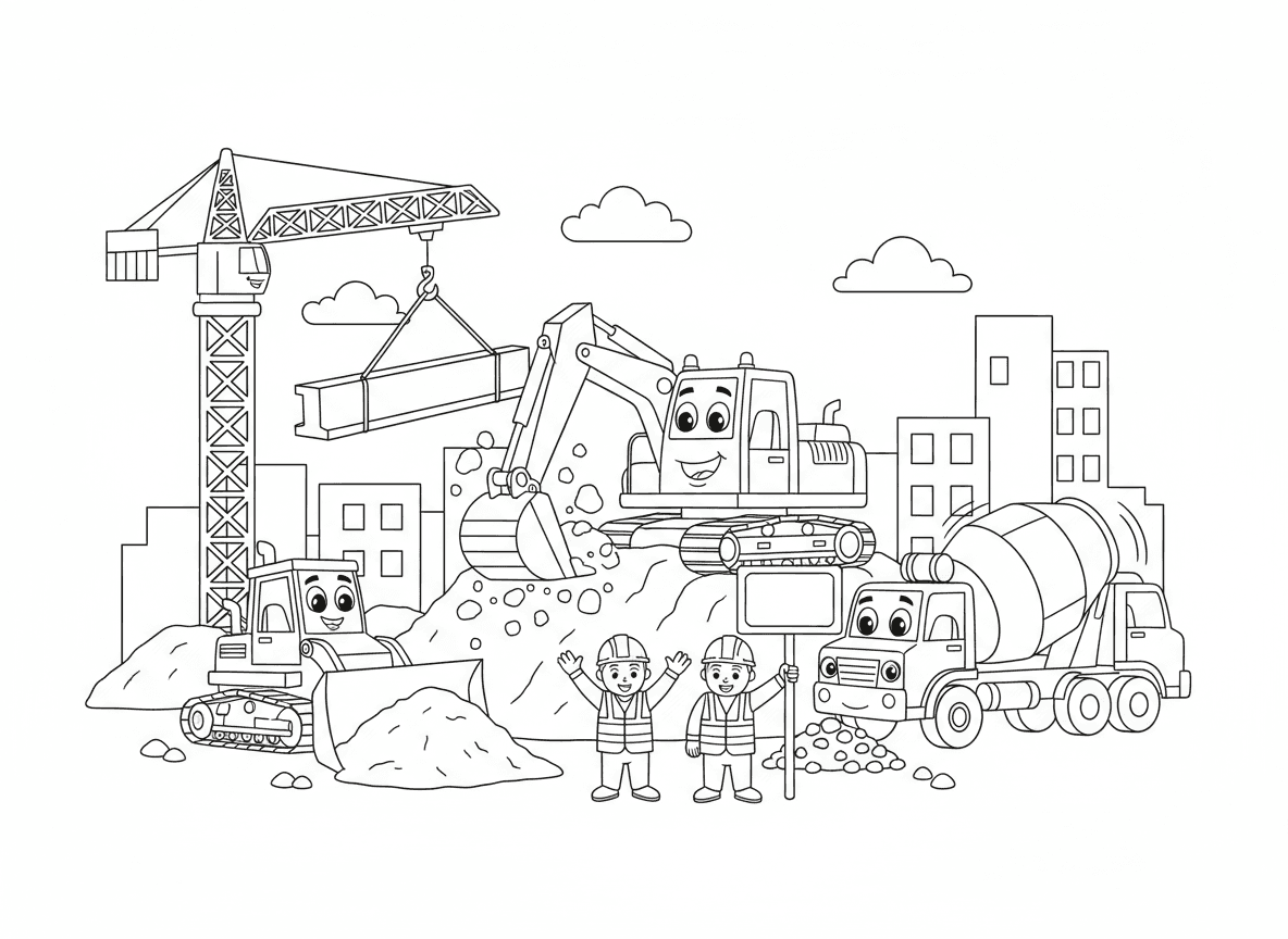 אתר בנייה עם כל כלי הרכב - אתר בנייה עמוס עם כל סוגי כלי רכב לבנייה, חפרן חופר, מנוף מרים קורות, דחפור דוחף עפר, מערבל בטון מסתובב, משאית מתרוקנת, פועלים עם קסדות מכוונים