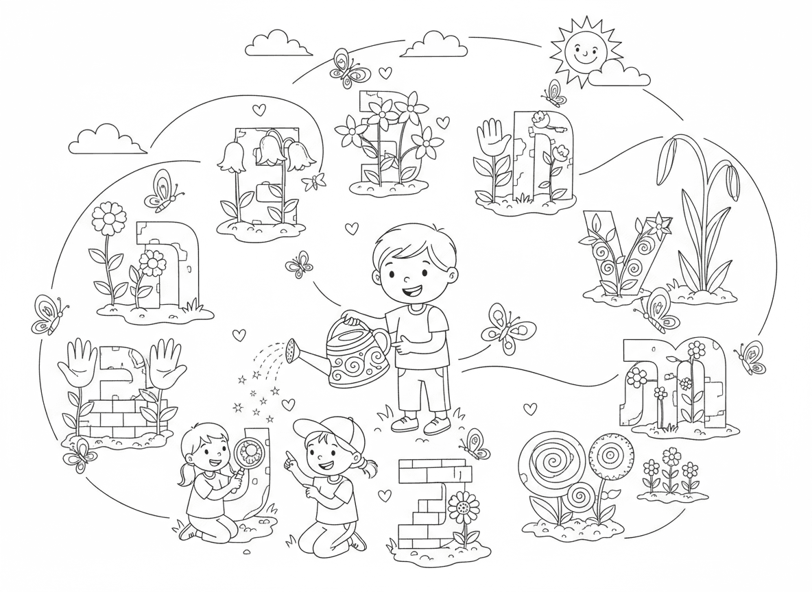 גן אותיות פרחים - גינה שכל ערוגה בצורת אות בעברית, פרחים שונים לכל אות, פרפרים מחברים בין האותיות, משפך מזלף קסם, ילדים לומדים אותיות מהפרחים