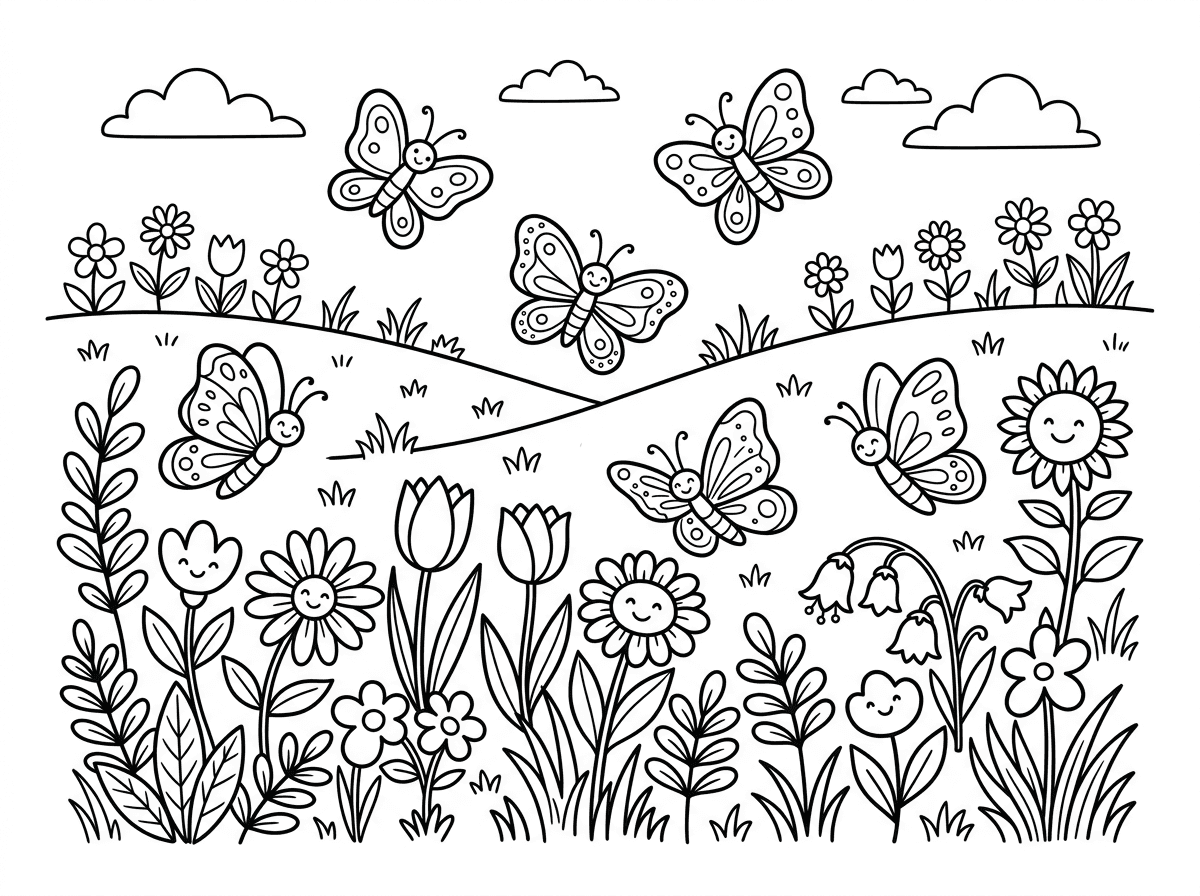 האם תוכל ליצור דף צביעה של דשא עם הרבה פרפרים פרחים ועלים