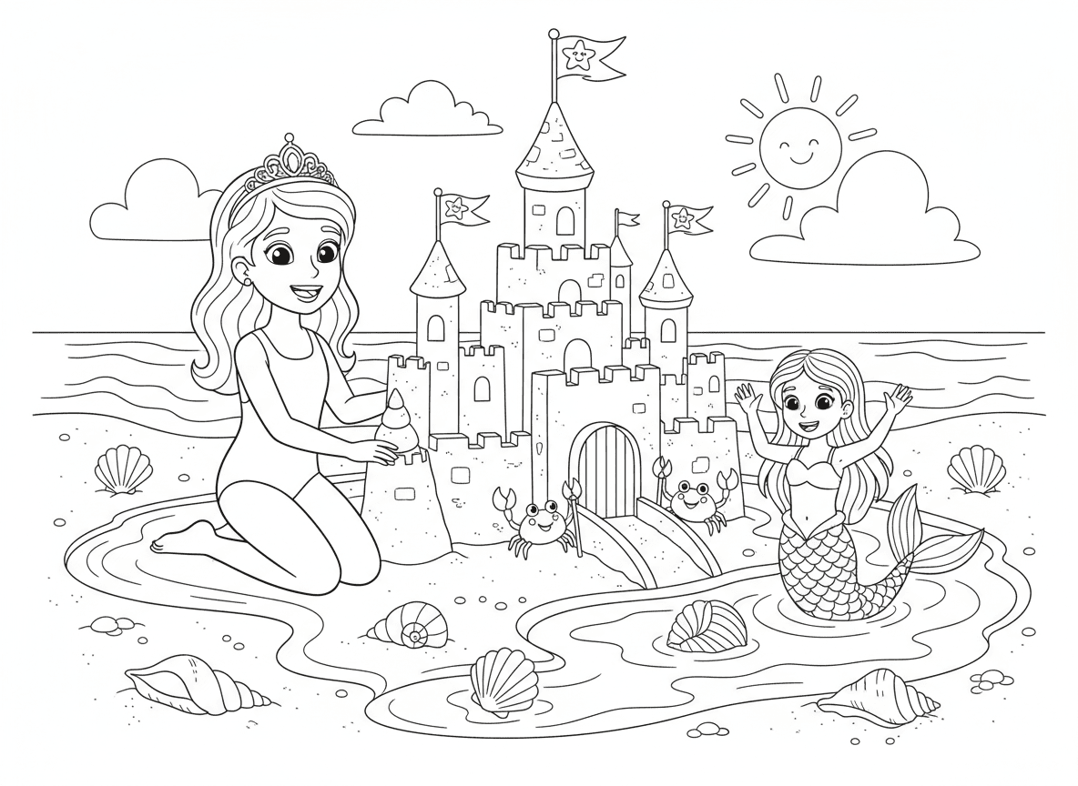 נסיכה בונה ממלכת ארמון חול בחוף - נסיכה בבגד ים ונזר בונה ממלכת ארמון חול מפורטת בחוף, חפיר עם מים אמיתיים, קישוטי צדפות, סרטני משמר, דגלי כוכב ים, חברה בת ים מבקרת