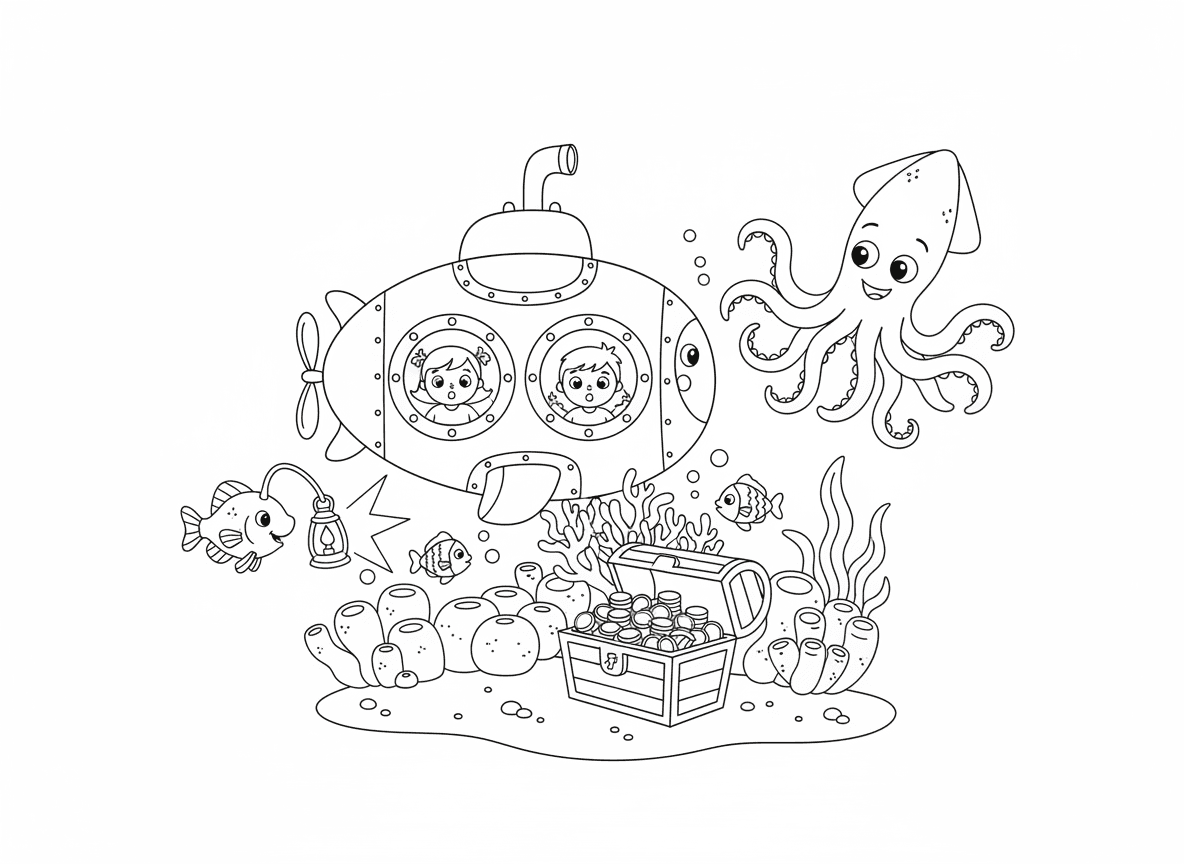 צוללת חוקרת את עומק האוקיינוס - צוללת צהובה חמודה עם חלונות צוהר גדולים חוקרת את עומק האוקיינוס, ילדים בפנים נראים נדהמים, דיונון ענק שוחה ליד, תיבת אוצר על קרקעית הים, שונית אלמוגים צבעונית