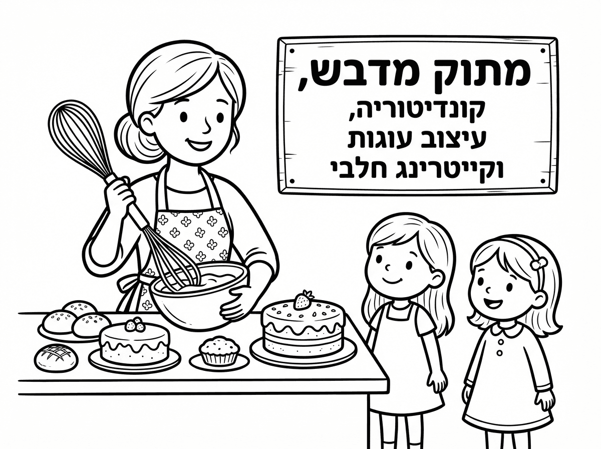היי, אני רוצה בבקשה שתיצור לי ציור על אישה שנמצאת במטבח ואופה ויש לה מטרפה ביד, ועוגות לידה ולחמניות וילדים בצד עומדים ומסתכלים, שתי ילדות שעומדות ומסתכלות. מאחורה רשום מתוק מדבש, קונדיטוריה, עיצוב עוגות וקייטרינג חלבי.