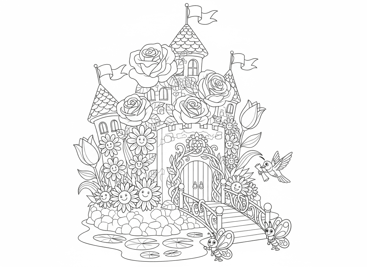 טירת פרחים עם מגדלי עלי כותרת - טירה מפוארת עשויה כולה מפרחים, מגדלי ורדים, גשר חמניות, חומות חינניות, צריחי צבעונים, שערי גפנים, חפיר שושנים, דגלי עלי כותרת, פרפרי שמירה, יונק דבש שליח