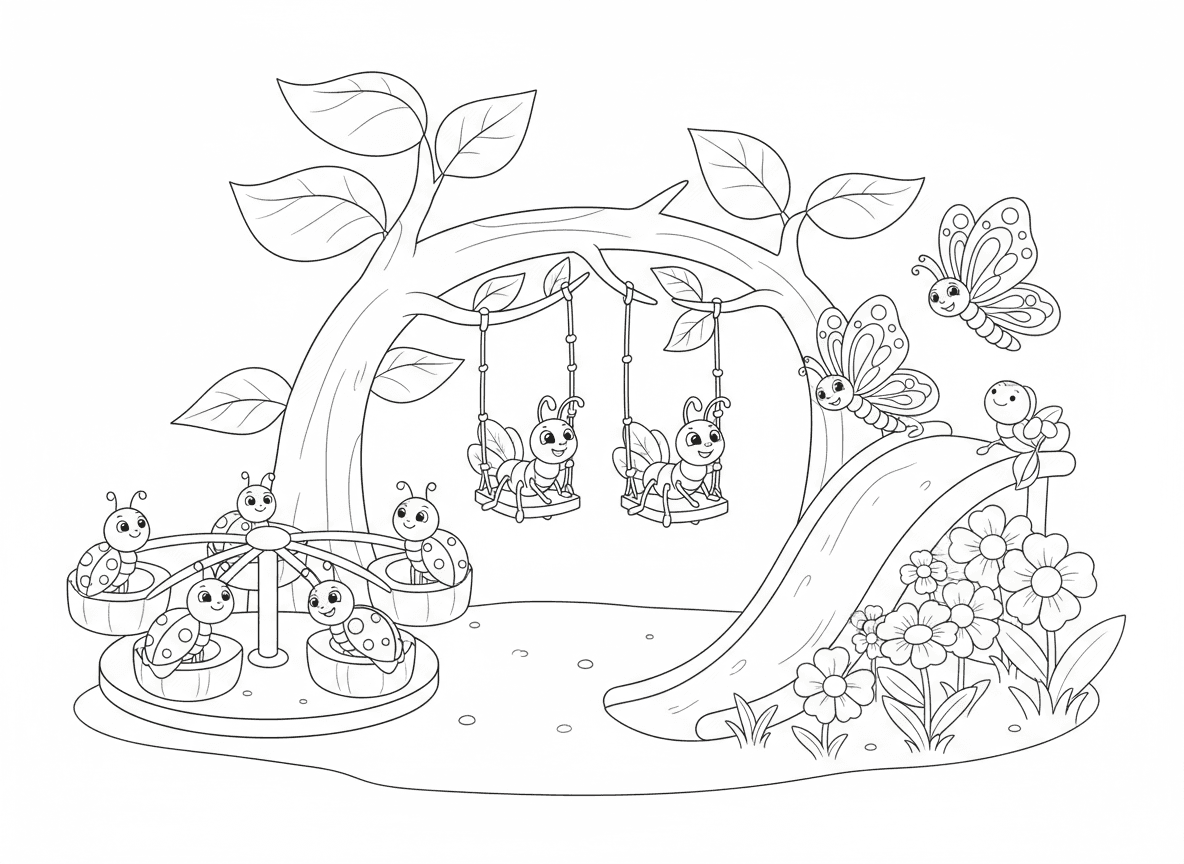 גן שעשועים של חרקים
נמלים על נדנדות, פרפרים במגלשה, וחיפושיות על קרוסלה עשויה מפרחים.