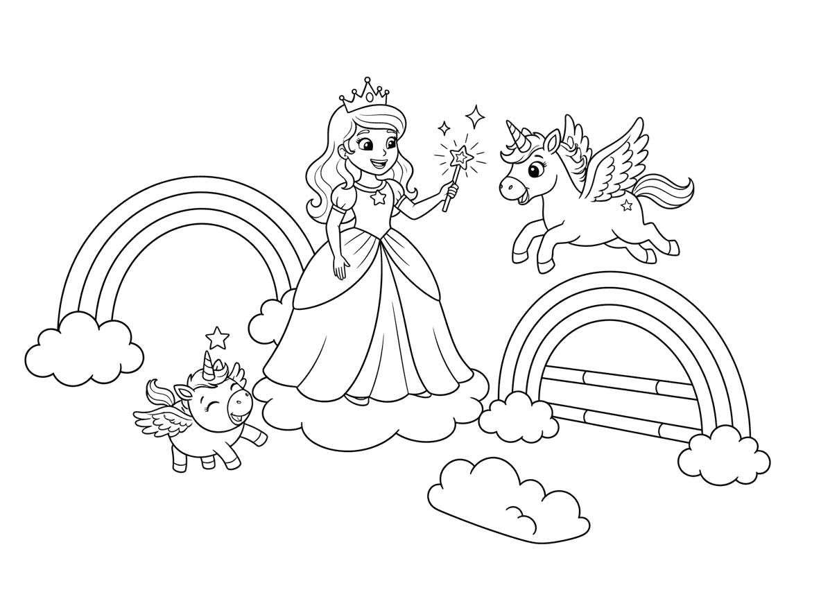 נסיכה מאמנת חד קרנים תינוקות - נסיכה בבית ספר לאימון חד קרנים מלמדת חד קרנים תינוקות לעוף, אחד נתקל, אחר קופץ מושלם, מסלול מכשולי קשת, משוכות ענן, מדבקות כוכב כפרסים