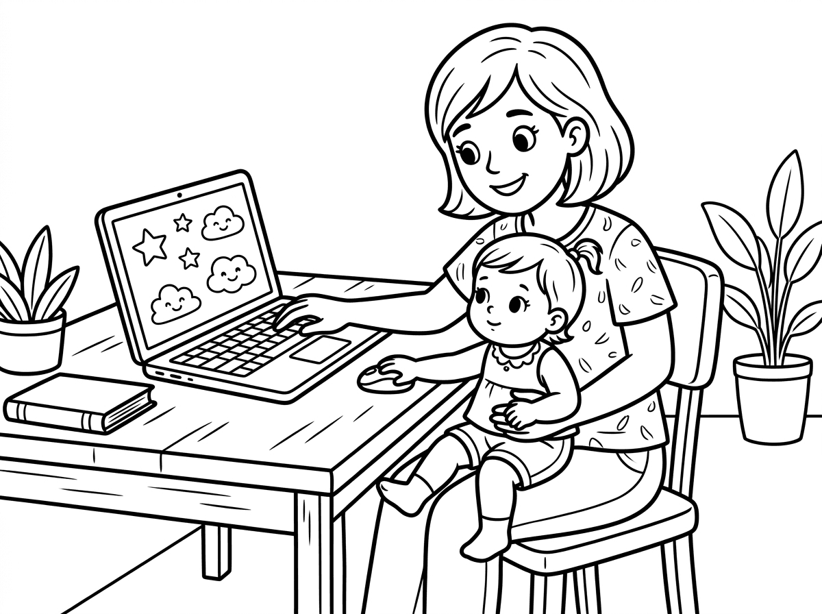 צור דף צביעה:
אמא ותינוקת עובדים במחשב