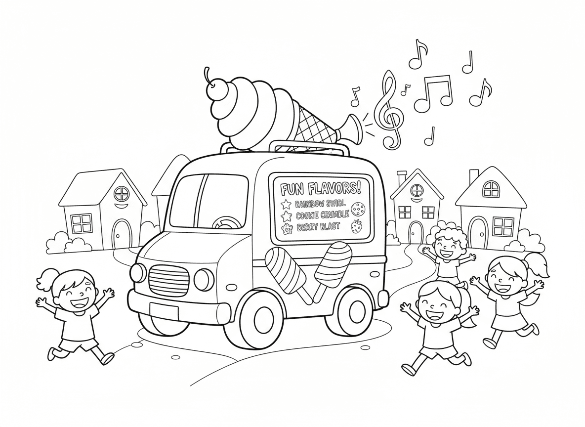 משאית גלידה בשכונה - משאית גלידה שמחה עם תווי מוזיקה יוצאים ממנה, גביע גלידה ענק על הגג, ילדים שמחים רצים אליה, תפריט טעמים מהנה בצד, קישוטי ארטיקים, בתי שכונה