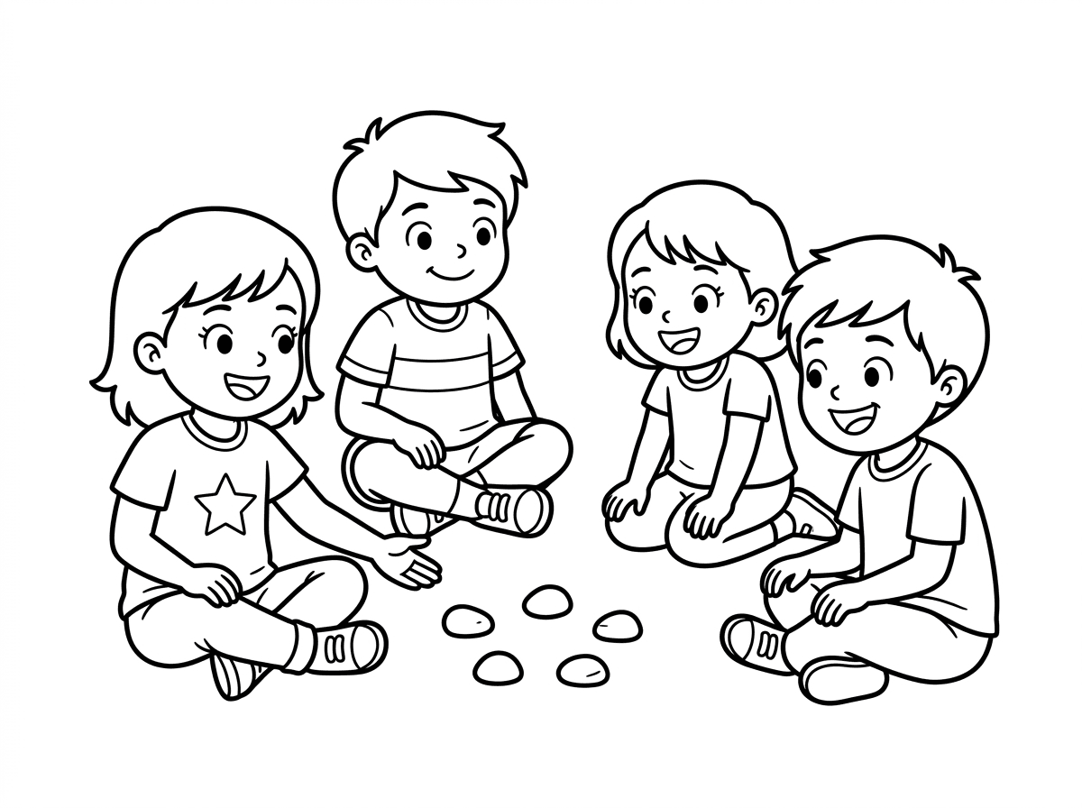 אני רוצה דף צביעה שמופיעה שם 
ילדים יושבים על הרצפה משחקים בחמש אבנים