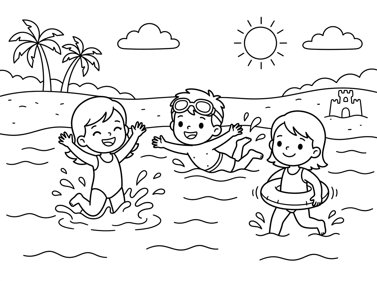 לצייר ילדים בחוף הים שוחים