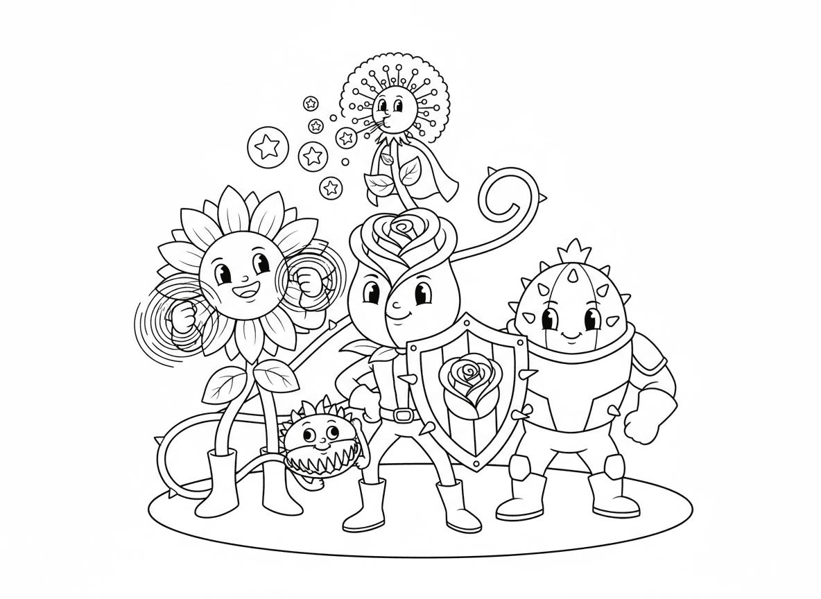 קבוצת גיבורי על פרחים - פרחים כגיבורי על, ורד עם מגן קוצים, חמנייה עם כוח קרני שמש, קקטוס עם שריון קוצים, טורפת זבובים תופסת רשעים, שן הארי מפזר זרעי צדק, לאסו גפנים