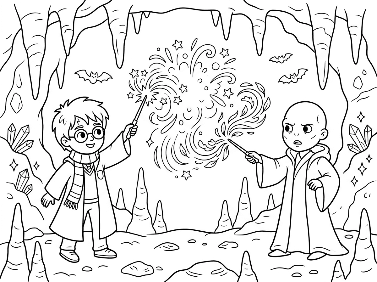 תעשה לי תמונה של הארי פוטר עושה קסם על וולדמורט במערה