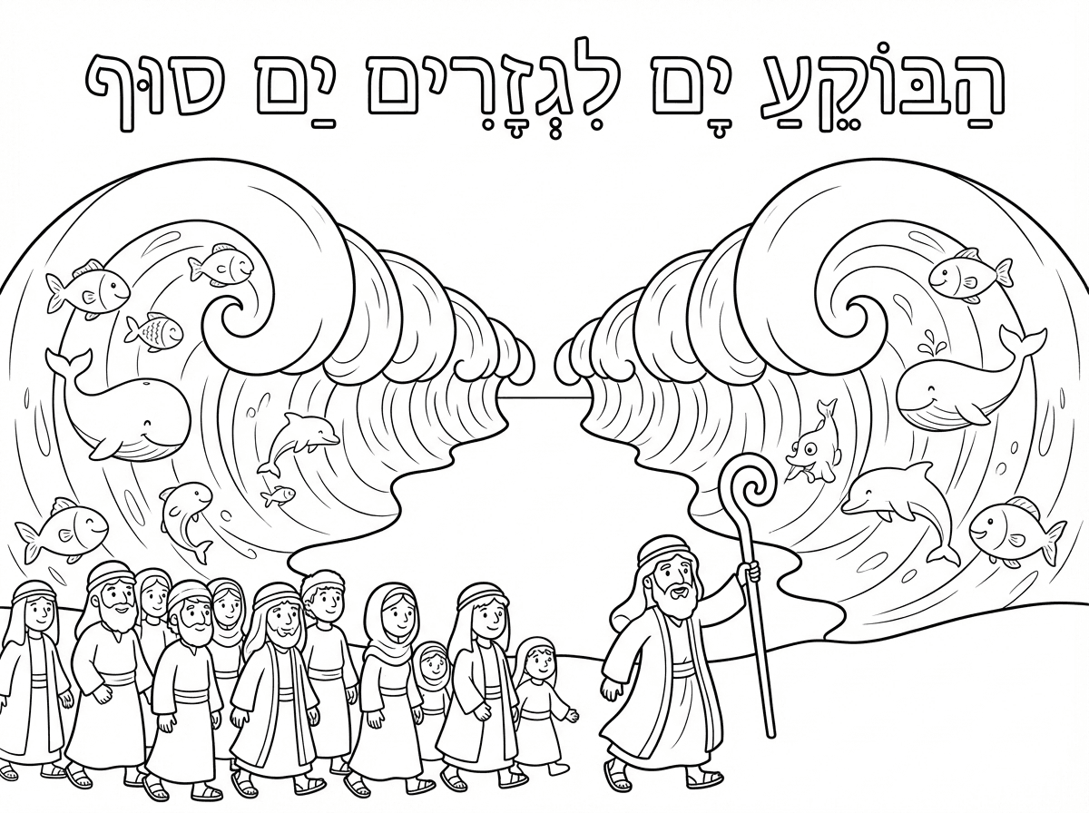 תכין דף ציור על הפסוק "הבוקע ים לגזרי ים סוף" (בהקשר של חציית יס סוף לאחר יציאת מצרים)