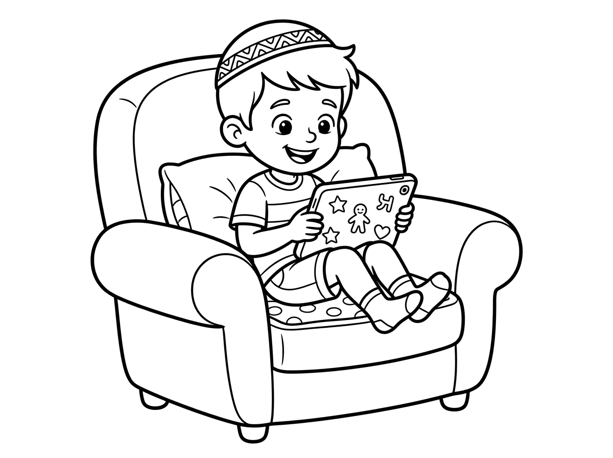 ילד חמוד עם כיפה על הראש משחק בטאבלט על הכורסא