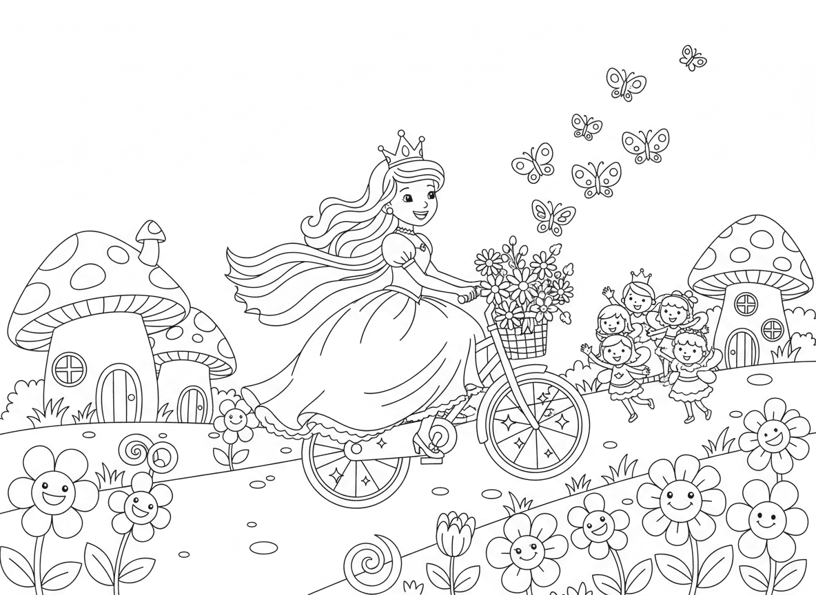 נסיכה רוכבת על אופניים בכפר פיות - נסיכה על אופניים נוצצים עם סרטים רוכבת דרך כפר פיות זעיר, בתי פטריות, אנשי פיות מנופפים, שביל מרופד פרחים, סל פרחים על האופניים, מלווי פרפרים