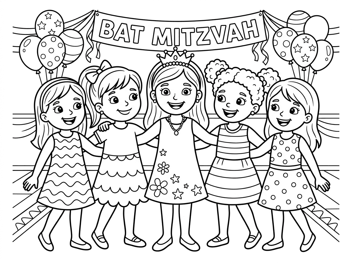 תוכל בבקשה לצייר לי ילדה שחוגגת בת מצווה בדיוק מצטלמת עם חברות וכולם שמחות💗🎀