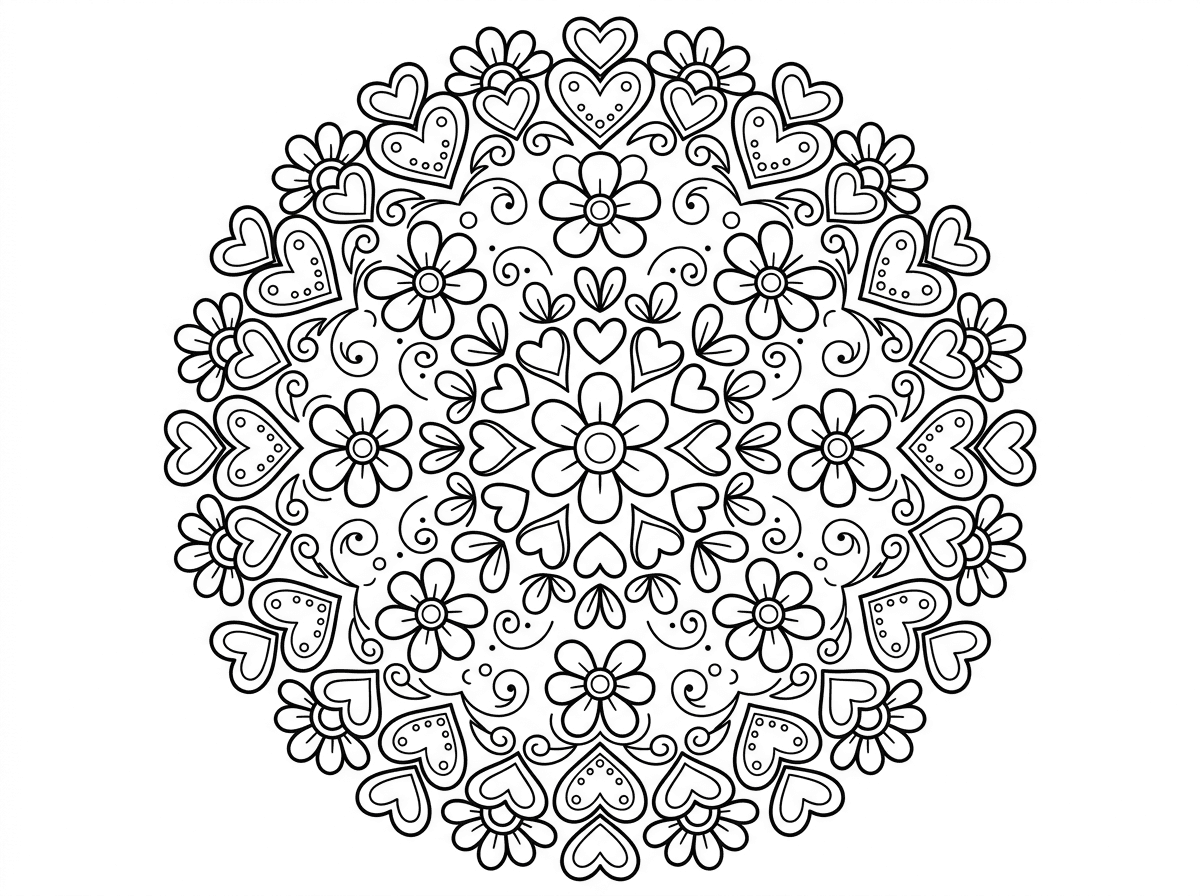 תיצור לי דף צביעה של מנדלות עם לבבות ופרחים