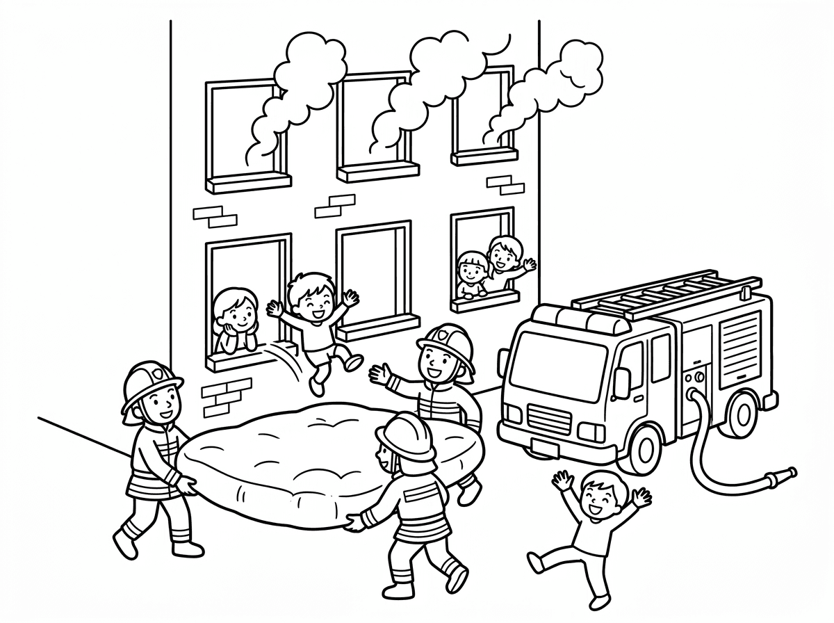 אני רוצה בבקשה תמונה של בנין שבית נשרף והכבאים פותחים מזרון מיוחד והאנשים קופצים מהחלון כדי להנצל