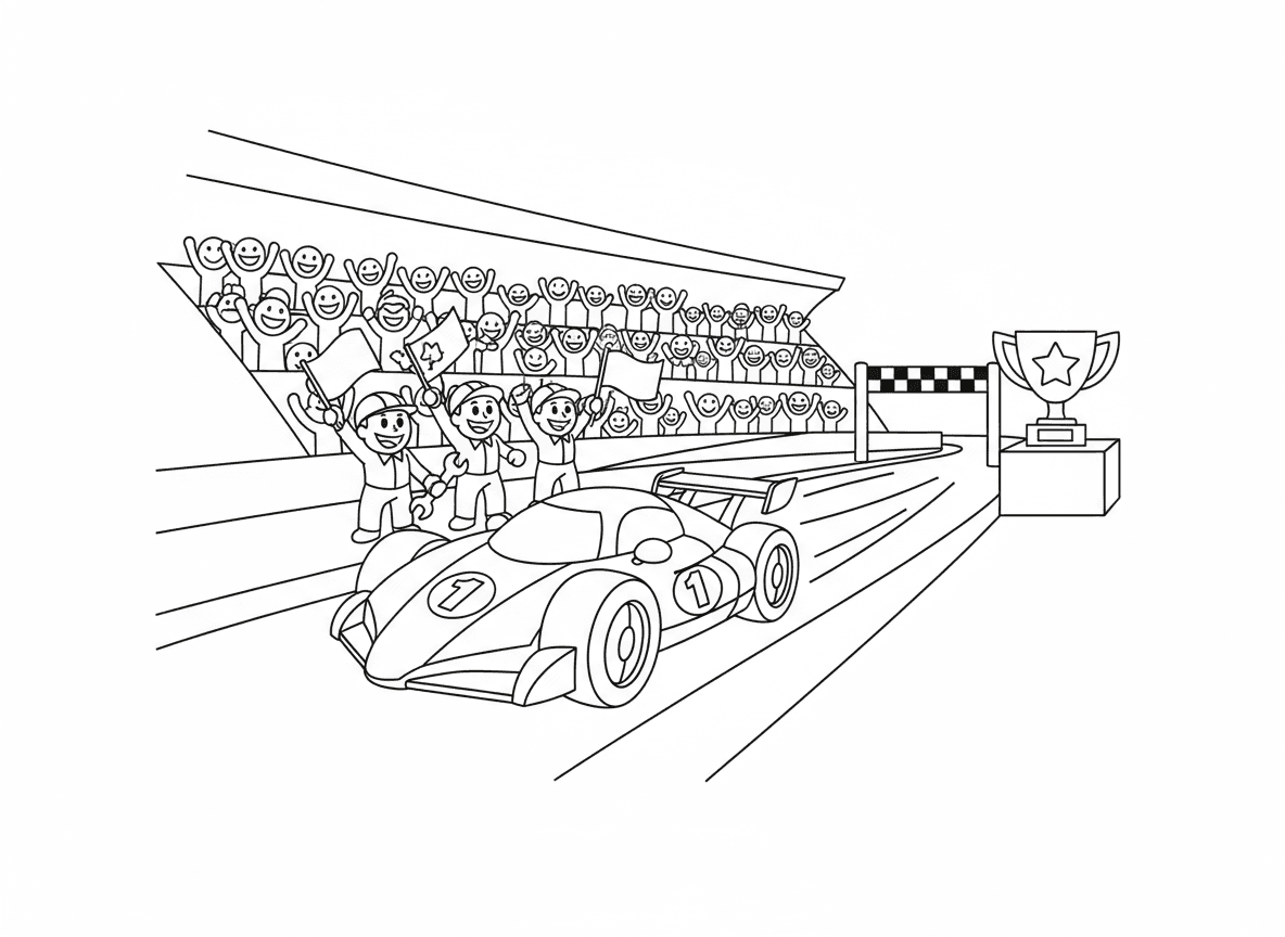 מכונית מירוצים דוהרת על מסלול - מכונית מירוצים חלקה זועמת סביב מסלול, קווי מהירות מאחור, מספר אחד בצד, צוות פיט נרגש, קו סיום משבצות, יציעים מלאי אוהדים מריעים, גביע ממתין