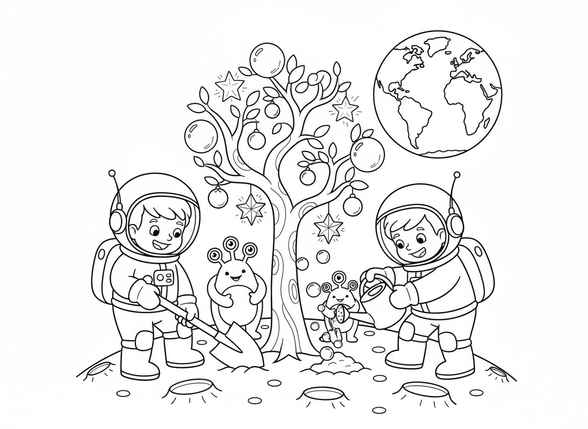 ט״ו בשבט על הירח - ילדים בחליפות חלל שותלים עצים על הירח, משקים עם בועות מים מרחפות, כלי גינון כסופים, פירות זוהרים גדלים על עצי ירח, חייזרים ידידותיים עוזרים לחפור, וכדור הארץ ברקע