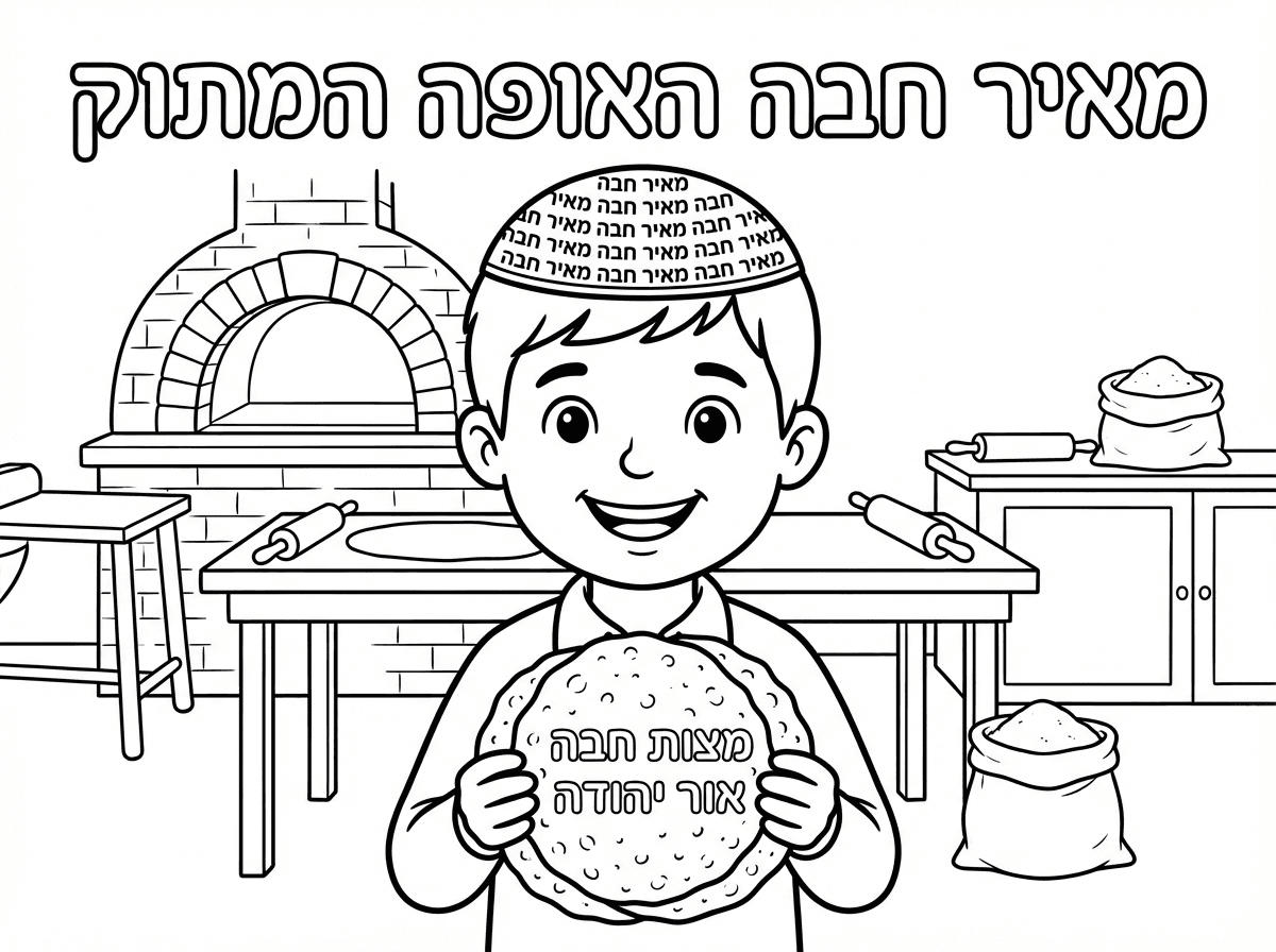 צור לי ציור של ילד בגיל 5 עם כיפה , כל הכיפה כתוב מאיר חבה
הילד מחזיק מצות עגולות עבודת יד , על המצות כתוב מצות חבה אור יהודה
ברקע מאפית מצות עבודת יד 
ולכתוב מאיר חבה האופה המתוק