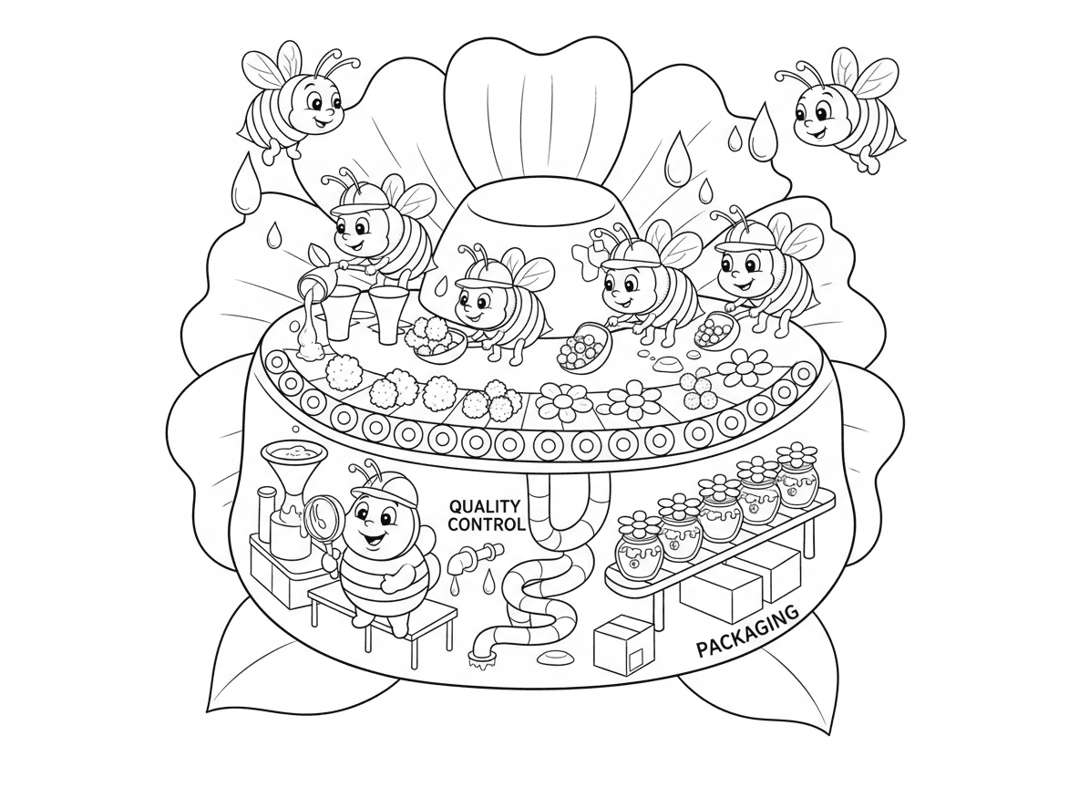 דבורים עובדות במפעל פרחים - דבורים עסוקות מנהלות מפעל דבש בתוך פרח ענק, פס ייצור עיבוד צוף, דבורות עובדות עם קסדות זעירות, דבורת בקרת איכות טועמת דבש, מסוע אבקה, אריזת צנצנות דבש