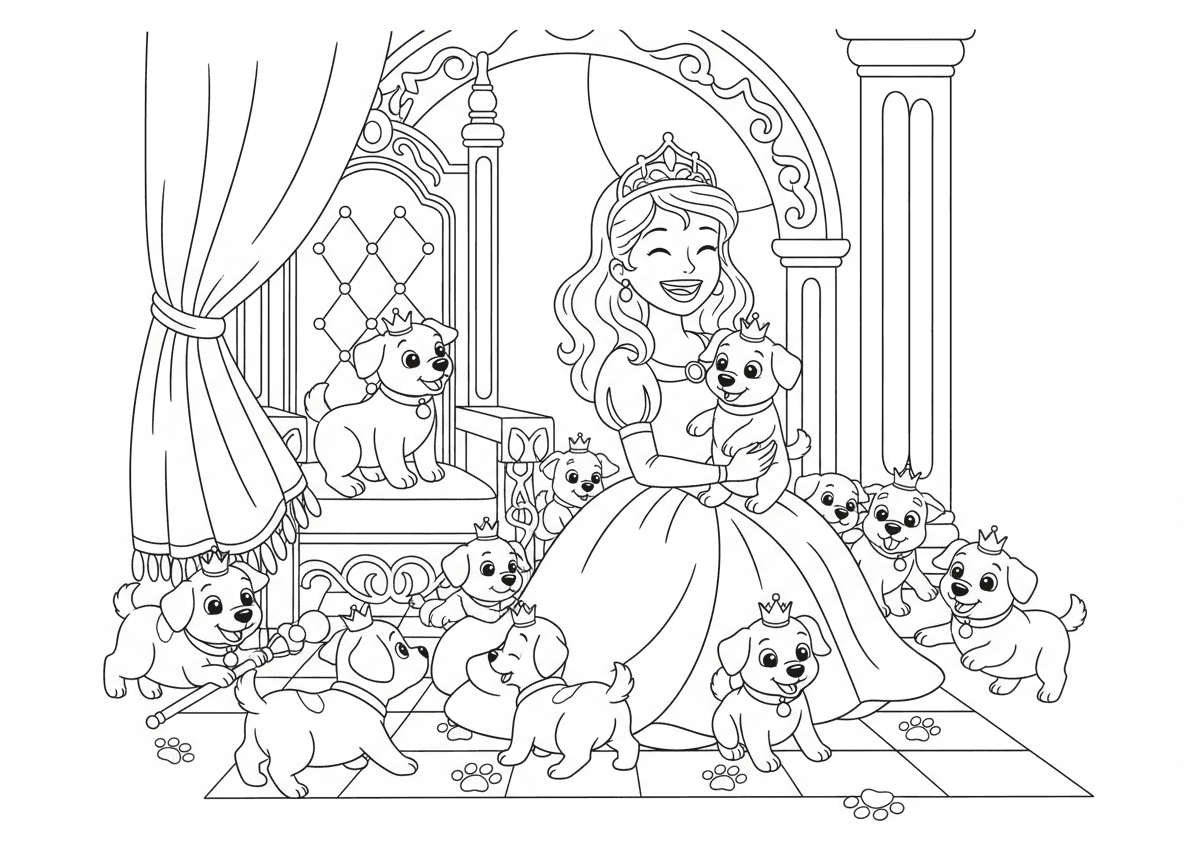 נסיכה משחקת עם גורים בחדר הכס - נסיכה צוחקת ומשחקת עם הרבה גורים חמודים בחדר כס המלכות, גורים עם כתרים זעירים, גור אחד על הכס, אחר מסובך בווילון מלכותי, טביעות כפות בכל מקום