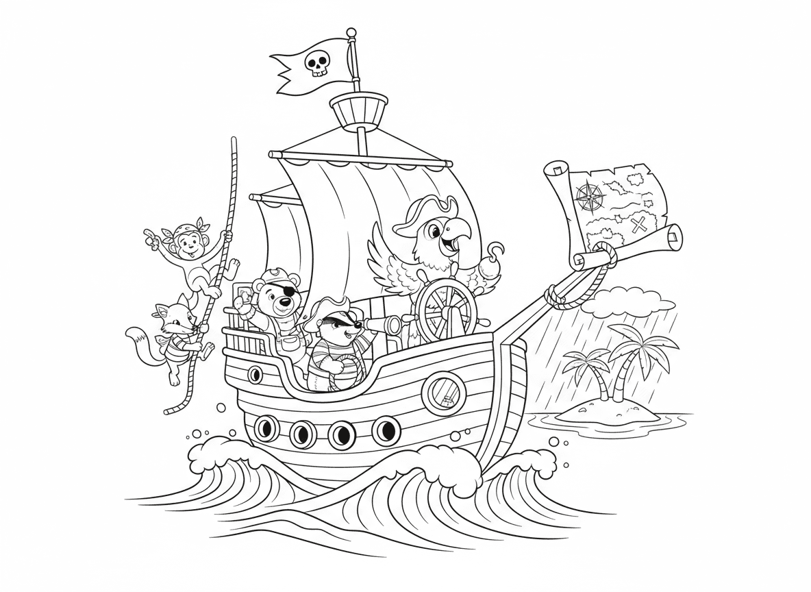 ספינת פיראטים שטה בים סוער - ספינת פיראטים מפוארת עם דגל גולגולת שטה בגלים סוערים, תוכי קפטן בהגה, מפת אוצר עפה ברוח, תותחים מוכנים, צוות פיראטים חיות, אי עם דקל במרחק