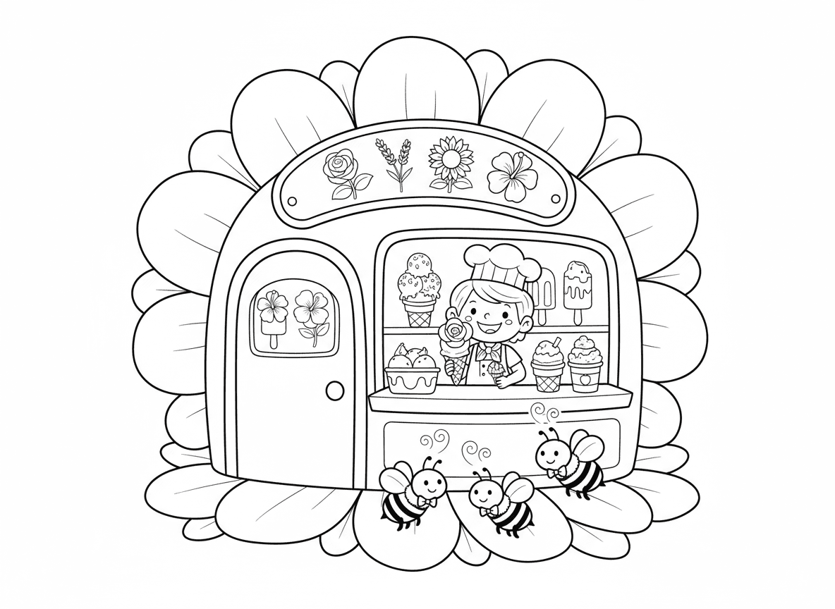 חנות גלידת פרחים - חנות גלידה שכל טעם הוא פרח, גלידת ורד, סורבה לבנדר, סאנדיי חמנייה, ארטיק היביסקוס, גביעים בצורת פרח, לקוחות דבורים מזמזמים בהתרגשות