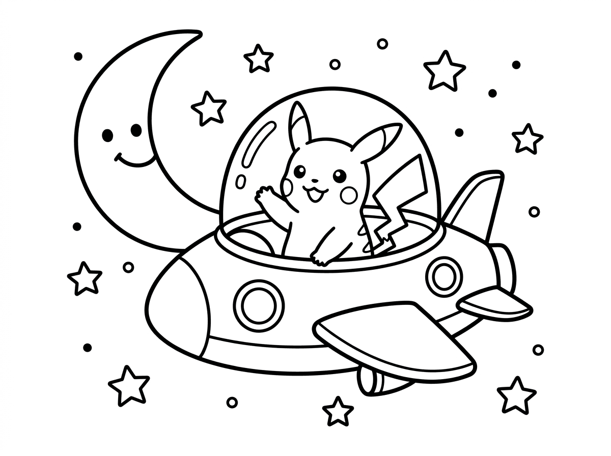 פיקצ׳ו על חללית ליד הירח