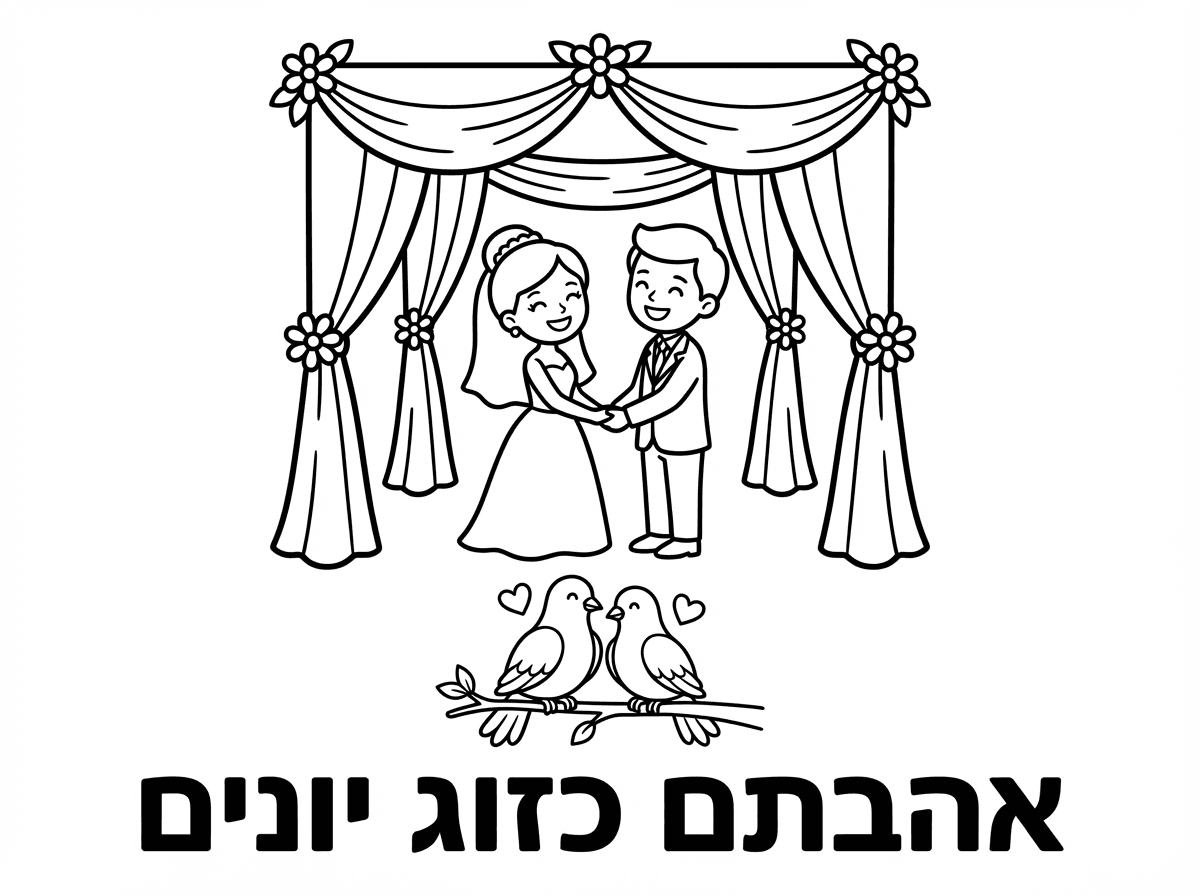 חתן וכלה ביום חופתם למטה זוג יונים וכתוב אהבתם כזוג יונים