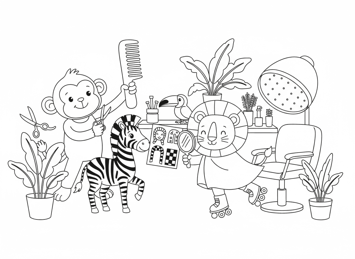 מספרה לחיות ג’ונגל
אריה עם גלגיליות, קוף ספר עם מסרק ענקי, וזברה שבוחרת תסרוקת משבצות חדשה.