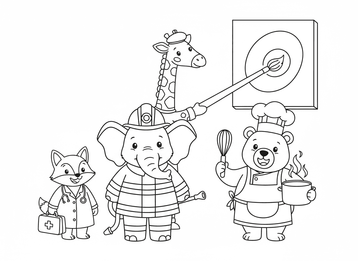 גן חיות של מקצועות
פיל כבאי, שועל רופא, דוב טבח, וג’ירפה ציירת עם מכחול ארוך במיוחד.