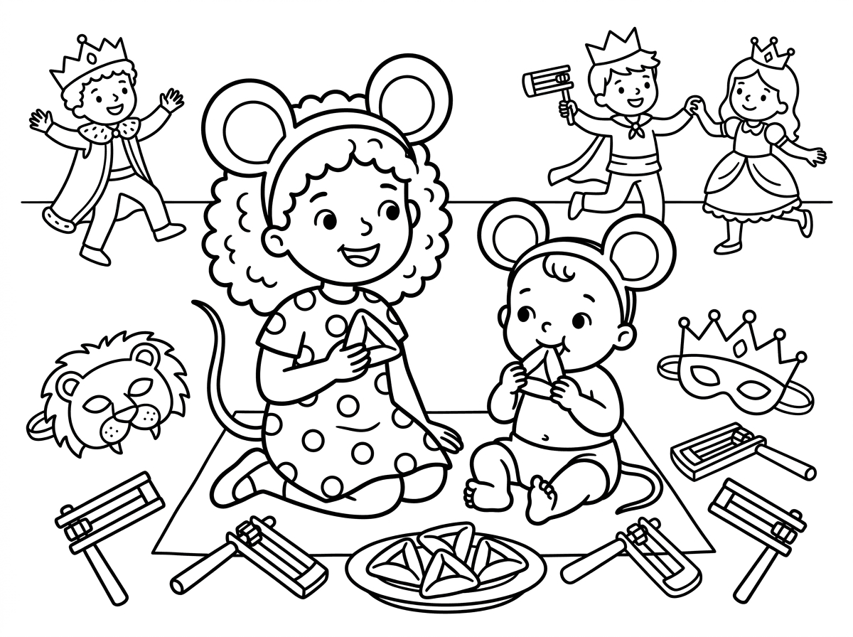 ילדה מתולתלת מחופשת למינימאוס ותינוק מחופש למיקי מאוס. שיהיו מסכות רעשנים ואוזני המן. יאכלו אוזני המן. ילדים נוספים רוקדים